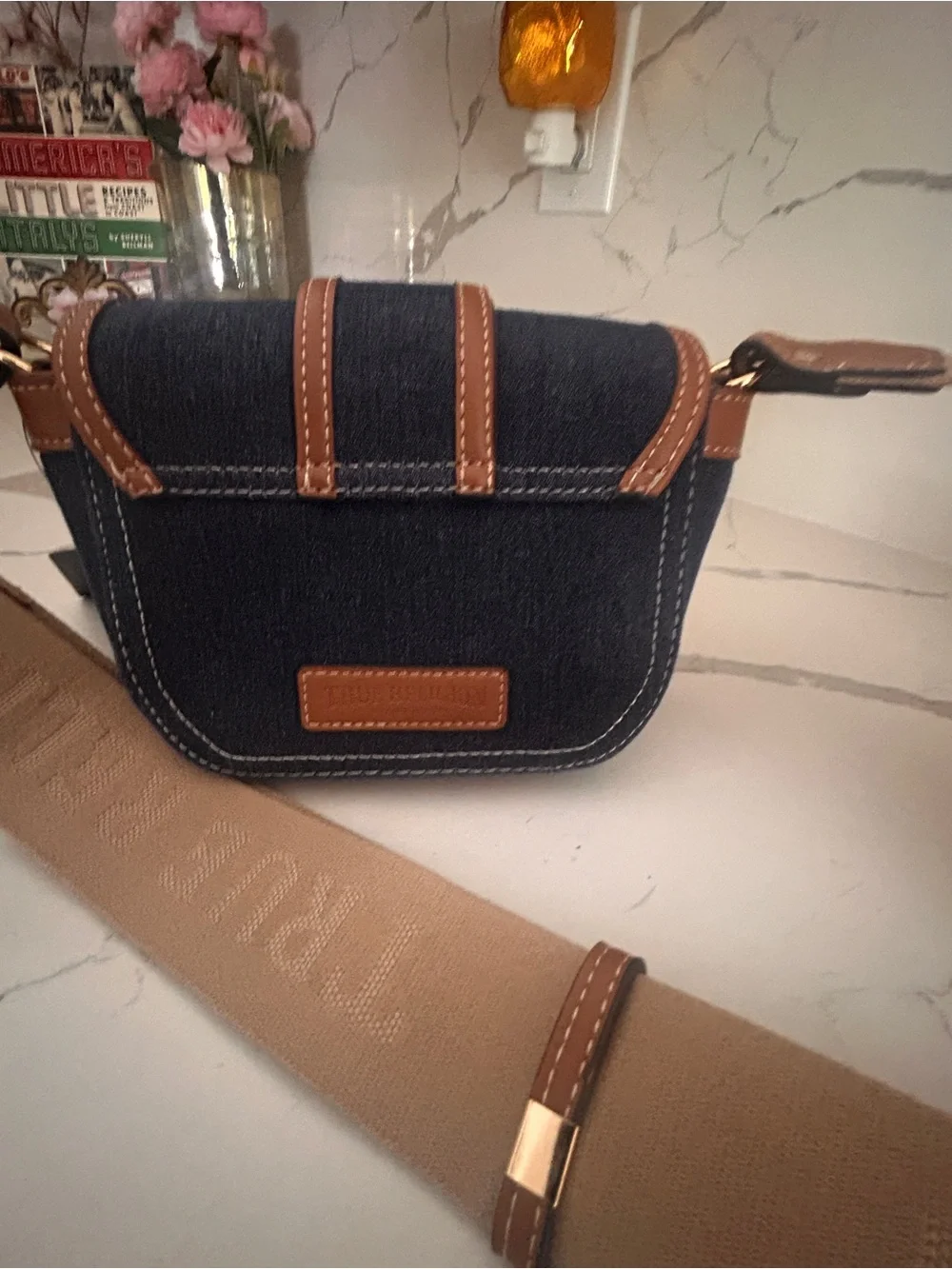 True Religion Navy Denim Crossbody with Brown Trim and Gold Hardware